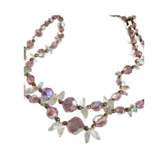 Vintage Pink Faceted Glass Beaded Necklace, Double Strand Aurora Borealis - Picture 2 of 10